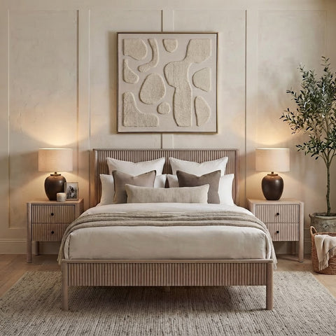 White Wooden Double Bed Frame & 2 White 2 Drawer Bedside Tables Set