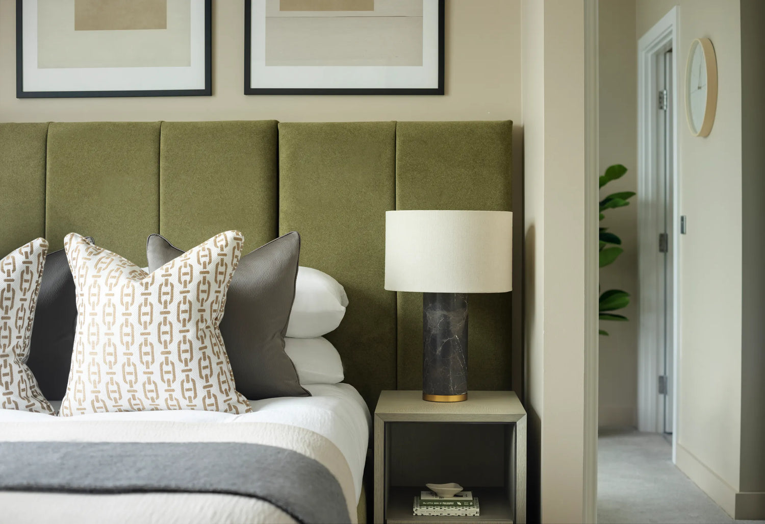 bedroom image, with green bedframe, bed and accessories