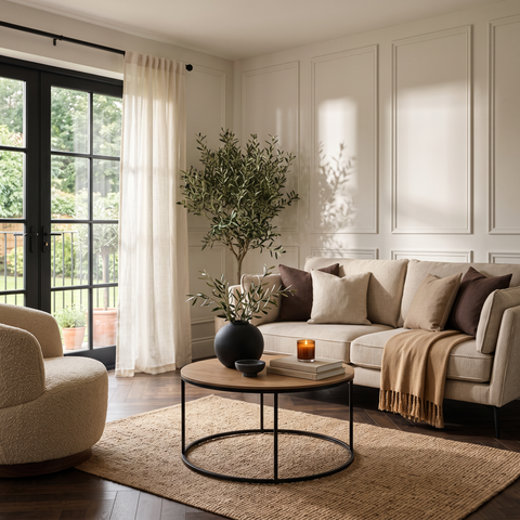 Taupe Weave 3 Seater Sofa, Bouclé Swivel Chair & Round Oak Coffee Table Set