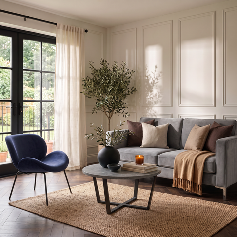 Charcoal Weave 3 Seater Sofa, Navy Corduroy Chair & Round Black Coffee Table Set