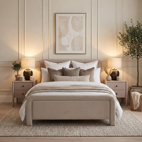 Taupe Weave Double Bed Frame, Double Mattress & 2 White Bedside Tables Set