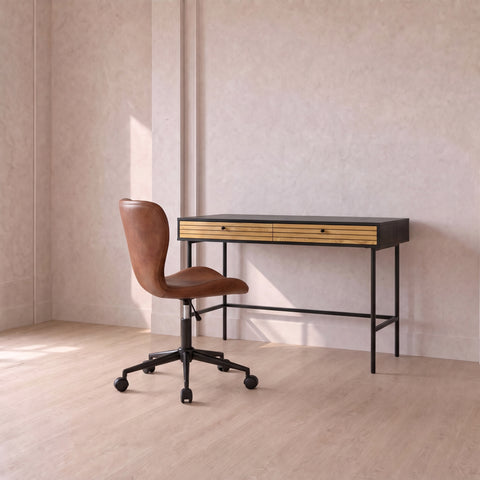 Oak Home Office Desk & Brown Faux Leather Office Chair Set
