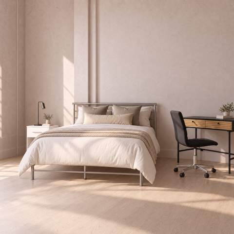 Metal Small Double Bed, White Bedside, Oak Desk & Office Chair Student Set