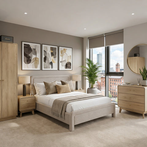 Modern apartment bedroom with light colours, a bed, bedside tables, wardrobe and chest of drawers