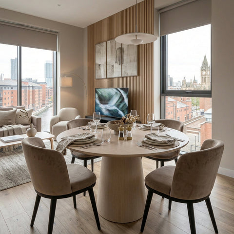 Modern apartment dining area with dining table, chairs and accessories