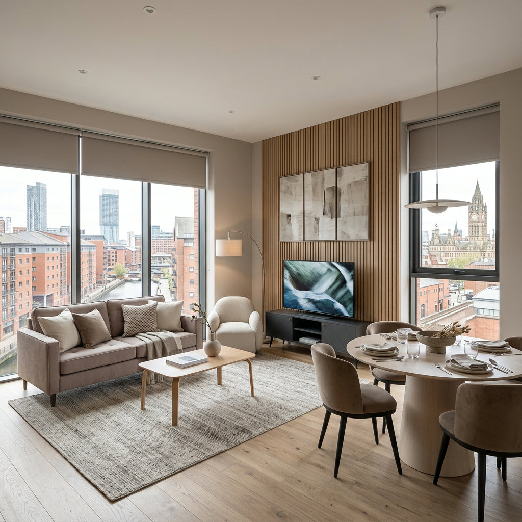 Modern apartment living room with couch, chair, tv unit and modern decor