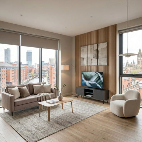 Modern apartment living room with couch, chair, tv unit and modern decor