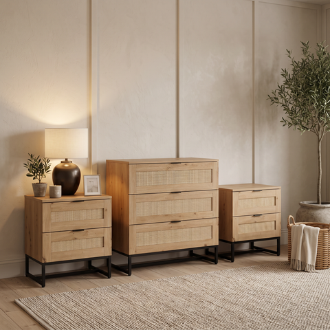 Light Oak Rattan 3 Drawer Chest & 2 Matching 2 Drawer Bedside Tables Set