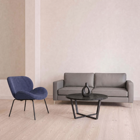 Charcoal Weave 3 Seater Sofa, Navy Corduroy Chair & Round Black Coffee Table Set