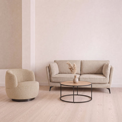 Taupe Weave 3 Seater Sofa, Bouclé Swivel Chair & Round Oak Coffee Table Set