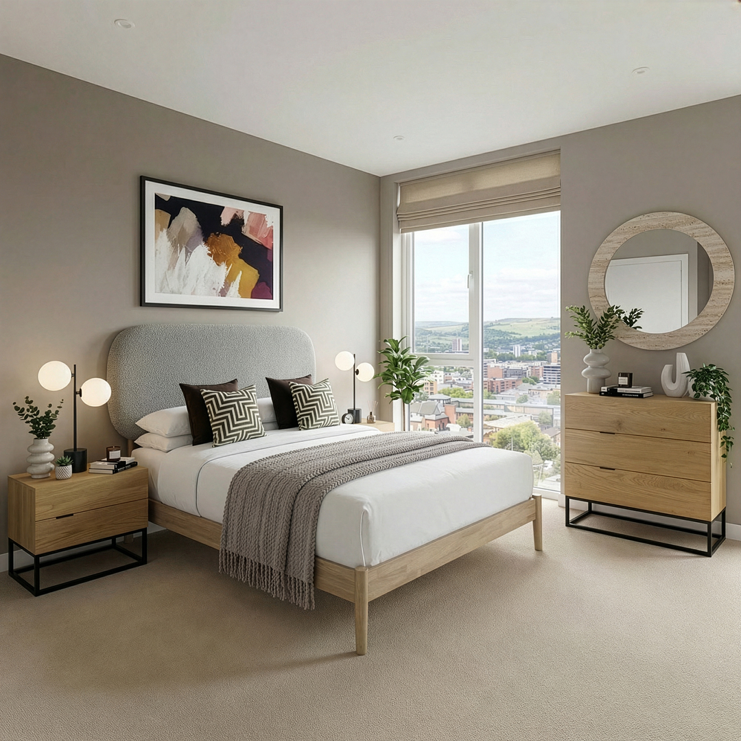 Modern bedroom with a bed, bedside table, chest of drawers, and decor elements.