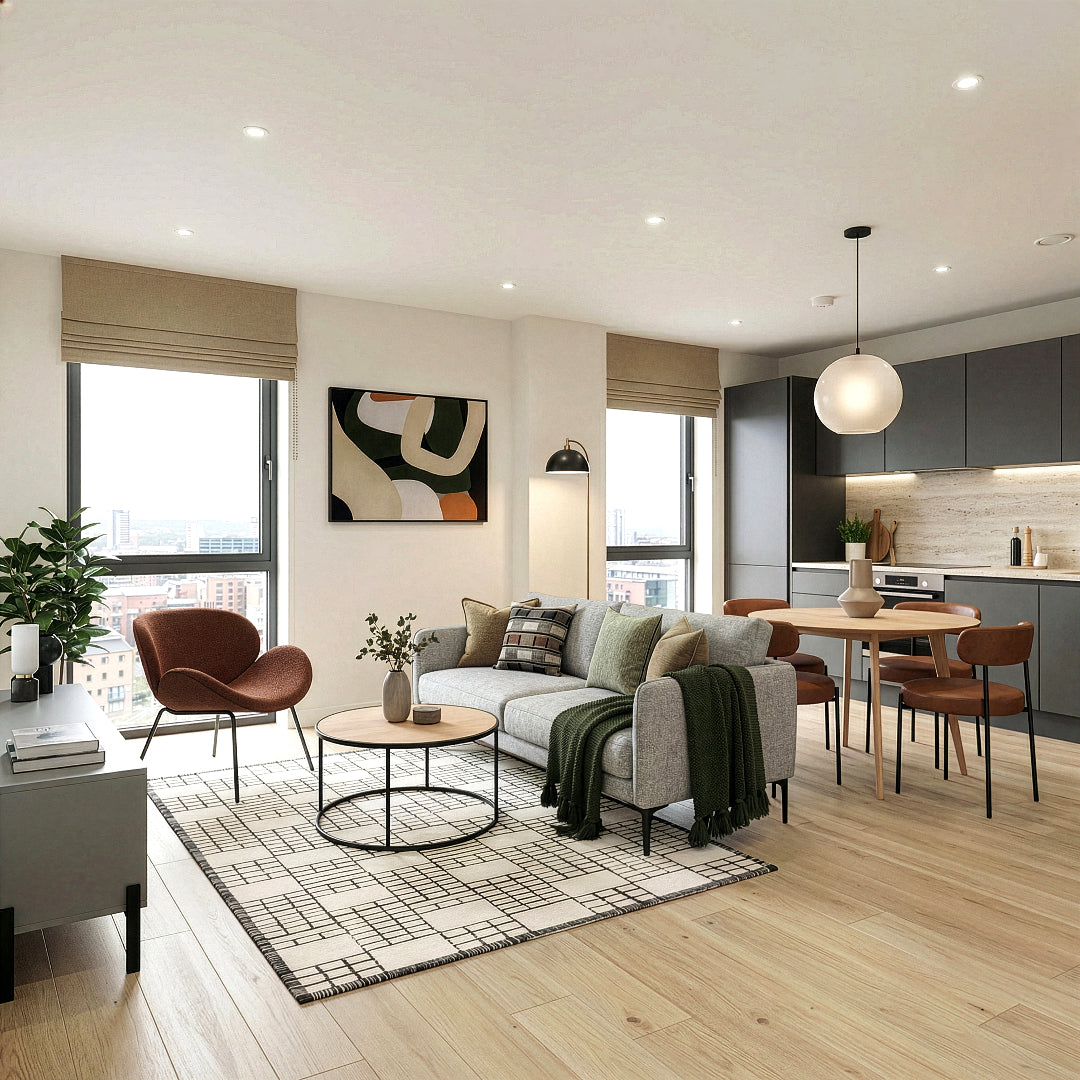 Modern living room with gray sofa, coffee table, and kitchen in the background