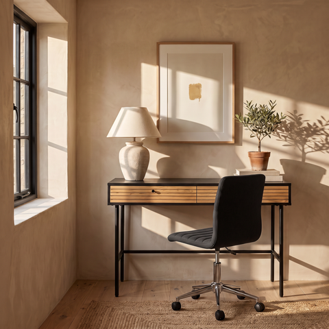 Oak Home Office Desk & Black Weave Office Chair Set