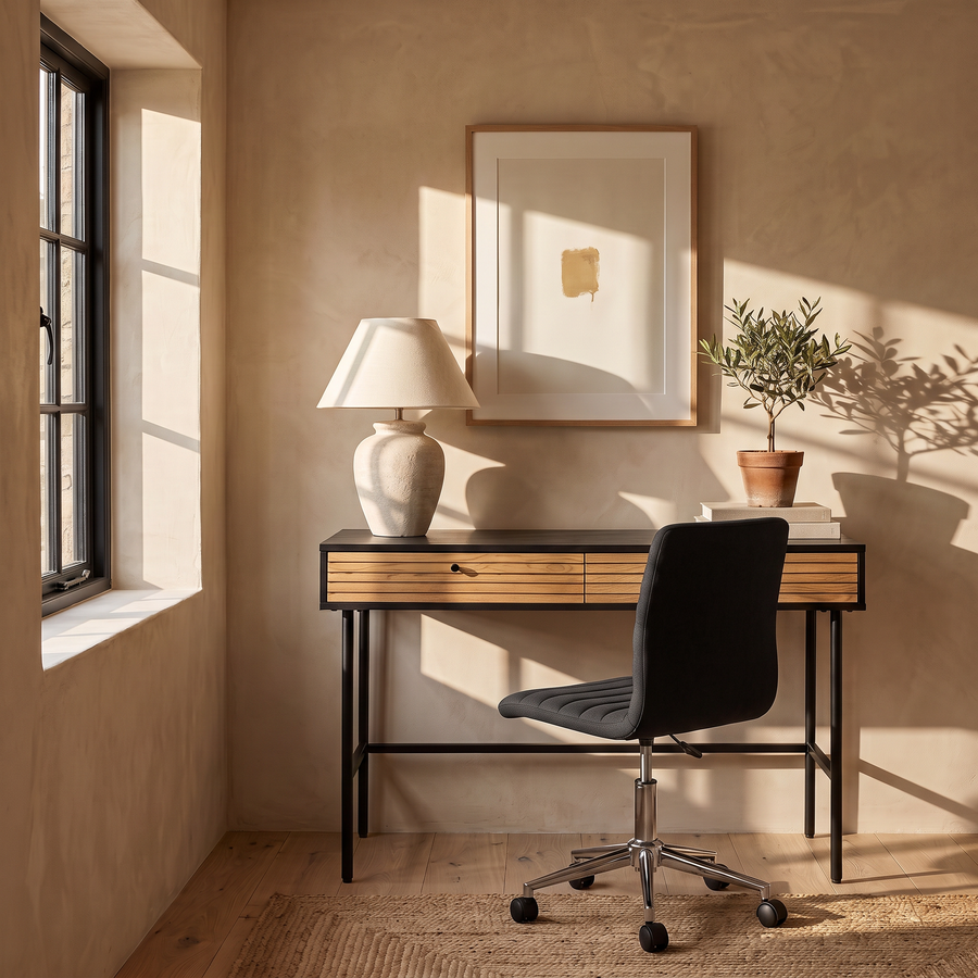Oak Home Office Desk & Black Weave Office Chair Set