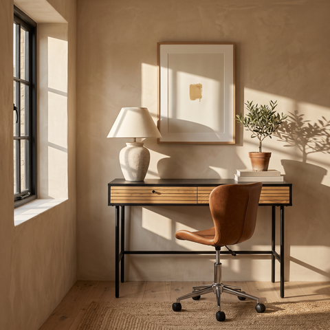 Oak Home Office Desk & Brown Faux Leather Office Chair Set