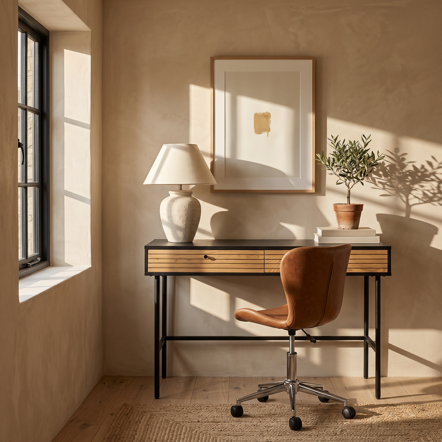 Oak Home Office Desk & Brown Faux Leather Office Chair Set