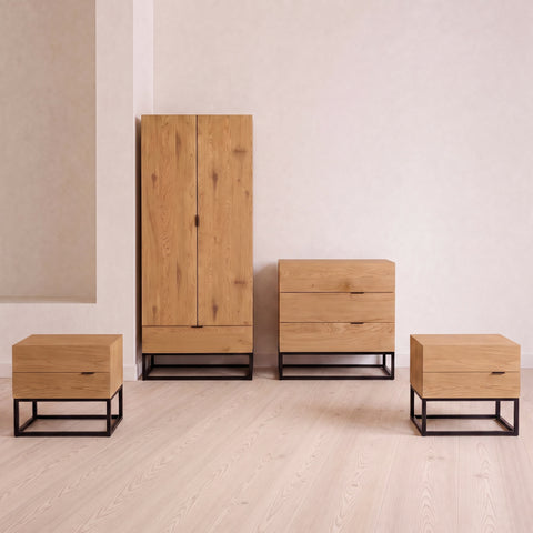 Oak 2 Door Wardrobe, 3 Drawer Chest & 2 Bedside Tables Set