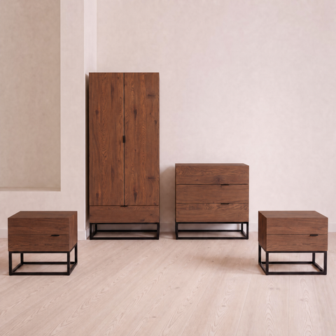 Walnut 2 Door Wardrobe, 3 Drawer Chest & 2 Bedside Tables Set
