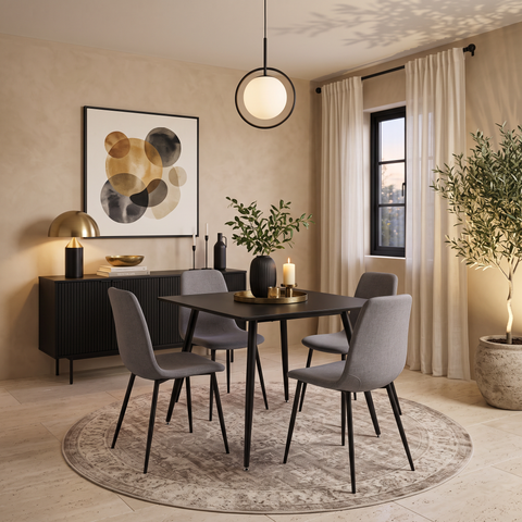 Square Black 4 Seater Dining Table & 4 Mid Grey Weave Chairs Set