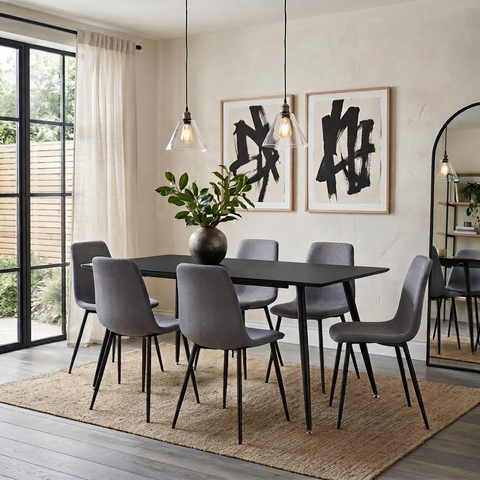 Rectangular Black 6 Seater Dining Table & 6 Mid Grey Weave Chairs Set