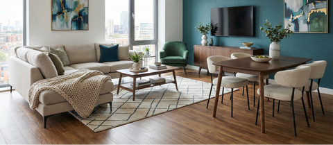 high end apartment lifestyle, with corner sofa, dining area, media unit and modern furnishings