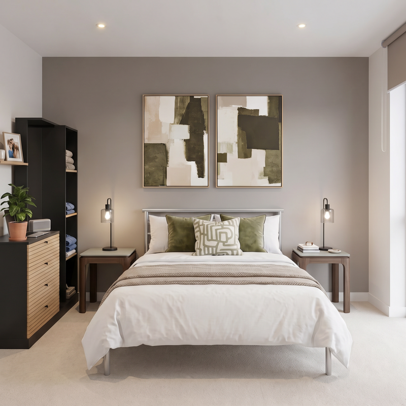 bedroom lifestyle with bedframe, mattress, bedside tables and wardrobe