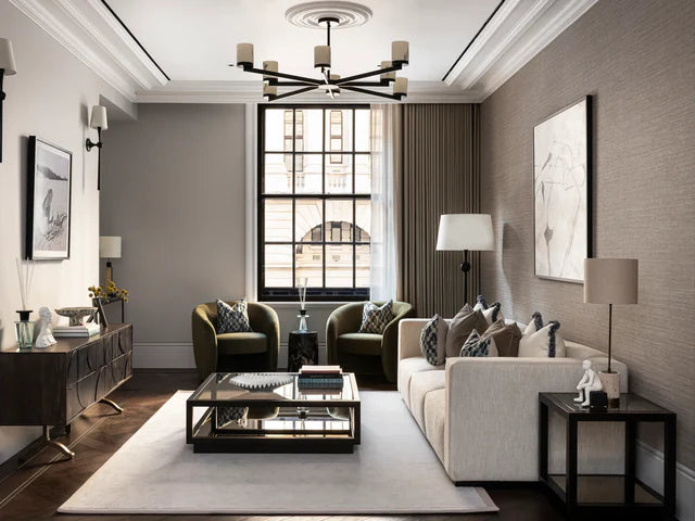 modern city apartment living room with sofa, chairs and light rug